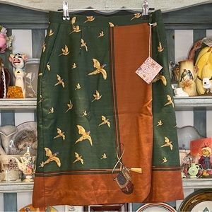 Vintage Ralph Lauren green and brown midi wrap around wool skirt with duck print